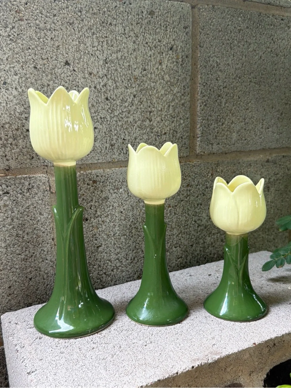 Vintage Yellow Tulip Ceramic Candle Holders with Green Stems - Set of 3